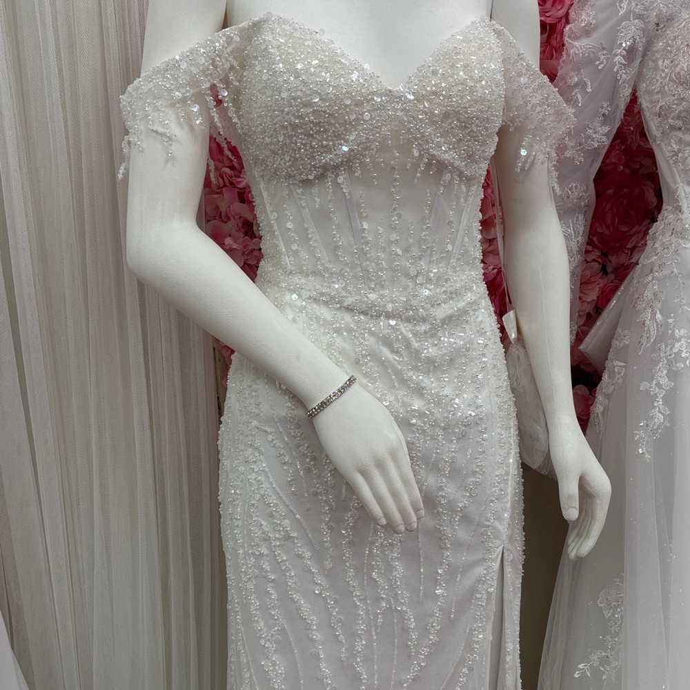 Dancing Queen Off-Shoulder Beaded Wedding Dress - White